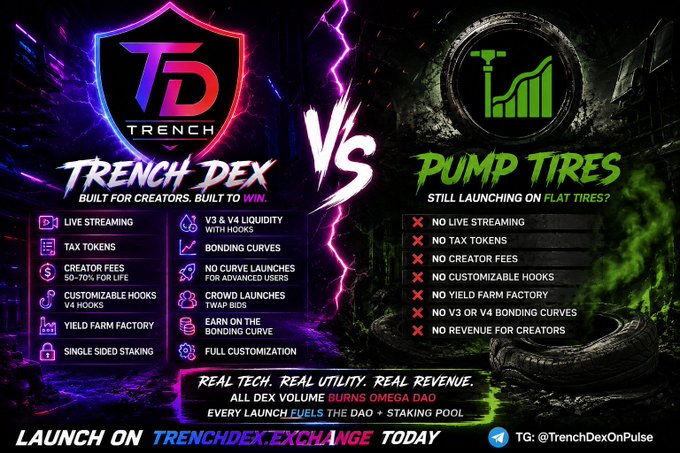 A promotional graphic comparing "TRENCH DEX" (built for creators) versus "PUMP TIRES," listing features like live streaming, tax tokens, and bonding curves, with "LAUNCH ON TRENCHDEX.EXCHANGE TODAY" at the bottom.