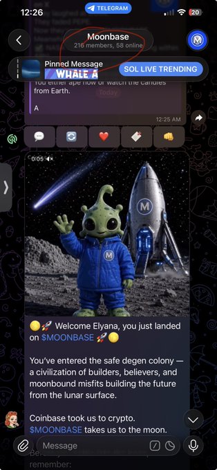 iphone screen displays a message from Moonbase, inviting the user to join a conversation about the planet of Whale A and its inhabitants.
