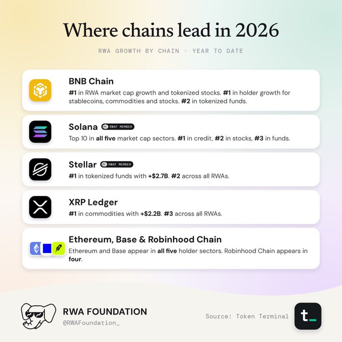 The image, titled "Where chains lead in 2026," highlights top blockchains in Real World Asset (RWA) growth year-to-date, with BNB Chain leading in RWA market cap and tokenized stocks, Solana in credit, Stellar (+$2.7B) in tokenized funds, XRP Ledger (+$2.2B) in commodities, and Ethereum, Base, and Robinhood Chain appearing across multiple sectors—reflecting the post's point about traditional finance rapidly merging with blockchain technology.