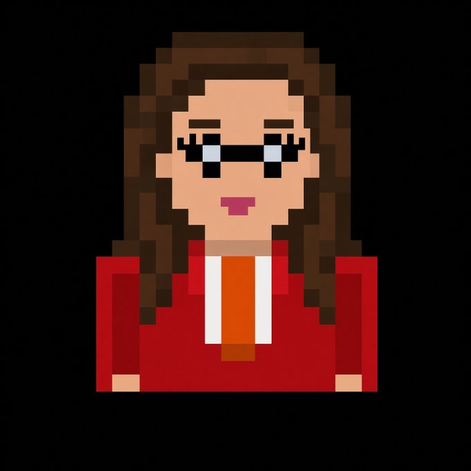 A pixel art avatar depicting a woman with long brown hair, black sunglasses, and a red hoodie against a black background, representing the "Lady Brokers" NFT collection being promoted in the tweet.