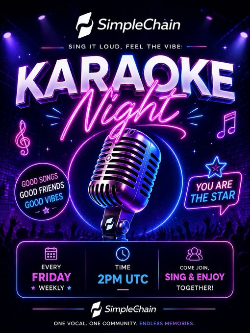 A neon-style promotional poster for 'SimpleChain Karaoke Night' held every Friday at 2PM UTC.