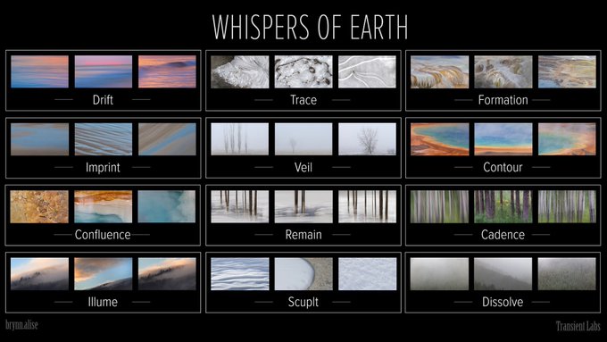 A collection called 'WHISPERS OF EARTH' by brynalise/Transient Labs displaying twelve series of landscape and nature photography titled Drift, Trace, Formation, Imprint, Veil, Contour, Confluence, Remain, Cadence, Illume, Sculpt, and Dissolve.