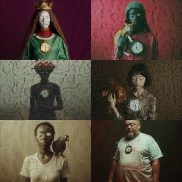 A collage of six portraits featuring diverse subjects—men and women of various ethnicities and ages—each wearing a large pocket watch, set against richly patterned backgrounds. The collection plays with surrealist portraiture, blending regal, mystical, and contemporary aesthetics through the recurring motif of timepieces.