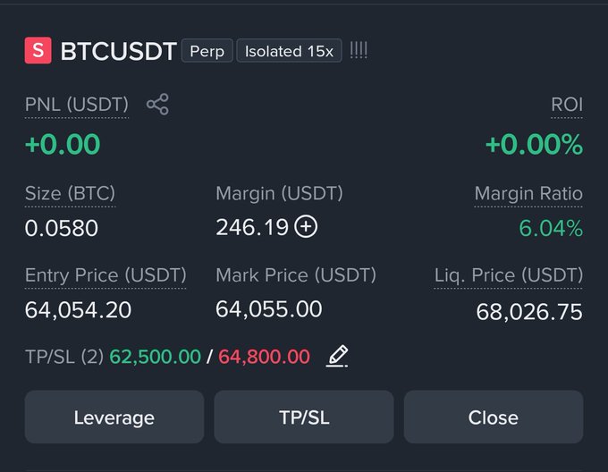 This image shows a cryptocurrency trading interface for BTCUSDT, with an existing stop-loss set at 64,800 which is being updated. The accompanying text indicates the stop-loss is being moved from 64,800 to 65,300, though the new value isn't reflected in the image.