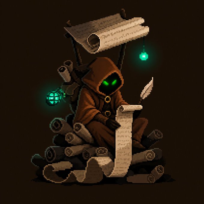 Pixel art illustration of a hooded figure with glowing green eyes sitting among scrolls, writing on parchment with a quill, accompanied by floating green glowing orbs and an overhead scroll.