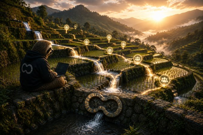 A digital art piece showing a hooded figure with an infinity symbol logo using a laptop while sitting beside an elaborate terraced rice field landscape with cascading waterfalls at sunset, decorated with floating team/community icons connected by glowing lines.