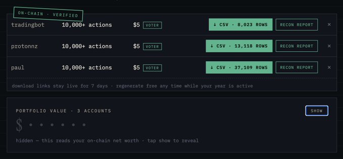 A dark-mode interface titled 'ON-CHAIN VERIFIED' listing accounts like tradingbot, protomnz, and paul, showing 10,000+ actions, CSV download links, and a hidden portfolio value.