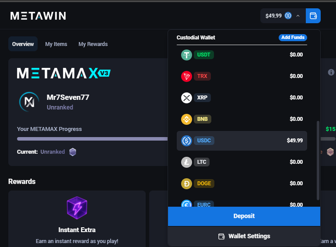 A MetaWin dashboard displays a custodial wallet containing $49.99 in USDC alongside a Deposit button, paired with the user profile "Mr7Seven77" showing "Unranked" METAMAX V3 progress. The image supports the post showing a $50 deposit being made into the crypto casino, matching the wallet's current USDC balance.
