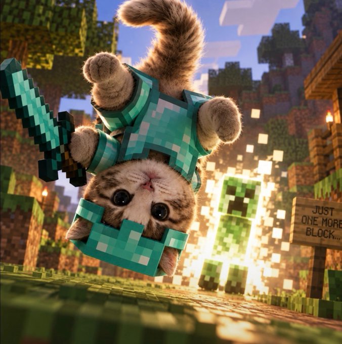 A kitten in diamond armor wields a diamond sword upside-down while tumbling through the air in a Minecraft world, with a sign reading "JUST ONE MORE BLOCK..." beside a glowing creeper explosion—perfectly illustrating how "gravity can't stop the build" as even a falling feline keeps crafting.