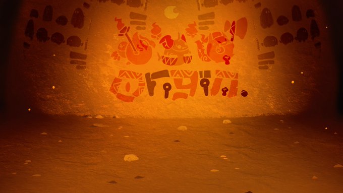 A glowing orange cave interior features ancient petroglyph-style symbols on the back wall, with the text "AXIE ORIGIN" and a stylized "AXIE" logo prominently displayed, evoking the prehistoric origins of the Axie NFT collection referenced in the post.
