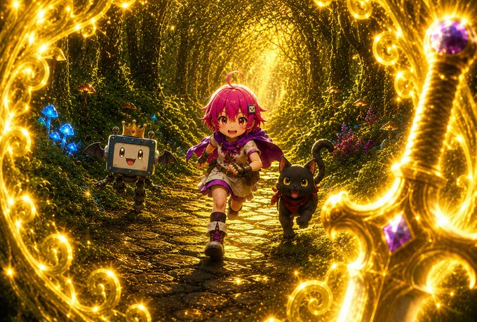 The image features a girl with pink hair running through a forest, accompanied by two cartoon characters - one wearing a crown and another holding a sword. The background of the image is filled with gold and blue lights, creating an enchanting atmosphere. The post that accompanies this image reads "走って、歩いて、300分。 ついに世界樹の中心にやってきた".
