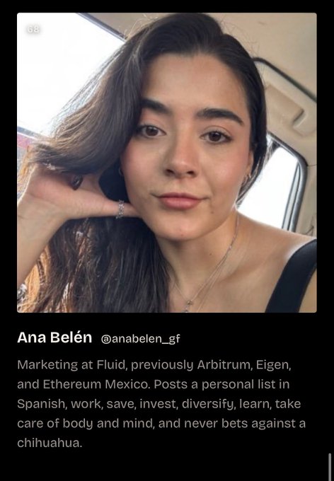 A Twitter/X profile screenshot of 'Ana Belén (@anabelen_gf)', with the bio reading 'Marketing at Fluid, previously Arbitrum, Eigen, and Ethereum Mexico.'