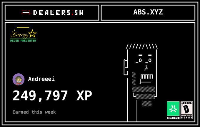 A digital XP badge showing "Andreeei" with 249,797 XP "Earned this week," branded with "DEALERSH," "ABS.XYZ," and an "Energy DEGEN PREVENTER" star logo.