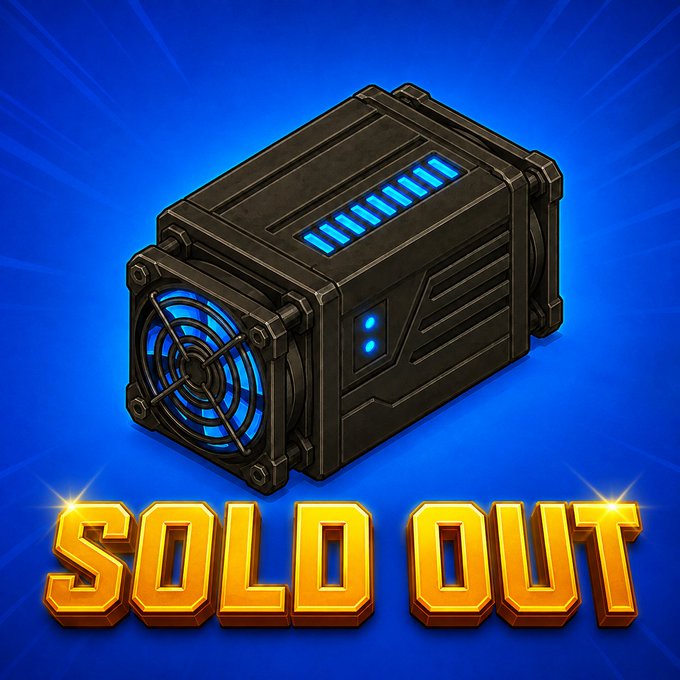 A digital graphic featuring a futuristic, box-like fan or electronic device with glowing blue accents on a bright blue background, with the words 'SOLD OUT' in large, golden 3D letters below.