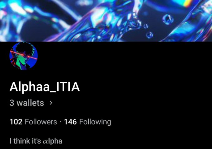 A user profile for "Alphaa_ITIA" with 102 followers, 146 following, and 3 wallets, featuring the bio "I think it's alpha," celebrating a milestone of reaching 100 followers on OpenSea alongside an offer to share 3 referral codes with bullish community members.