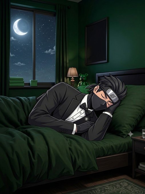 An anime-style illustration of a man wearing a black ninja mask and a tuxedo sleeping peacefully on a bed with green bedding in a dark green bedroom with a crescent moon visible through the window.