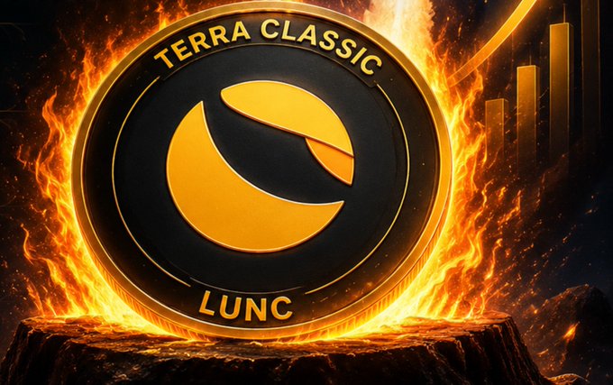 A fiery, dramatic logo image for 'TERRA CLASSIC LUNC' cryptocurrency, featuring the coin engulfed in flames atop rocky terrain with chart bars in the background.