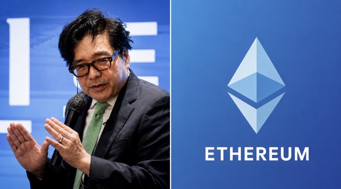 Tom Lee speaking next to the Ethereum logo, illustrating his Bitmine ($BMNR) acquisition of 7,430 ETH ($13.92 million) in its smallest weekly purchase to date.