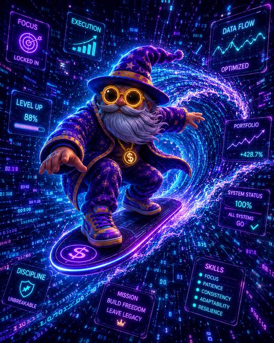 A neon, digital-art style illustration of a wizard with glowing round glasses riding a hoverboard through a swirling data vortex, surrounded by holographic UI panels reading "FOCUS LOCKED IN", "EXECUTION", "LEVEL UP 88%", "DATA FLOW OPTIMIZED", "PORTFOLIO +428.7%", "SYSTEM STATUS 100%", "DISCIPLINE UNBREAKABLE", "MISSION BUILD FREEDOM LEAVE LEGACY", and "SKILLS FOCUS PATIENCE CONSISTENCY ADAPTABILITY RESILIENCE".