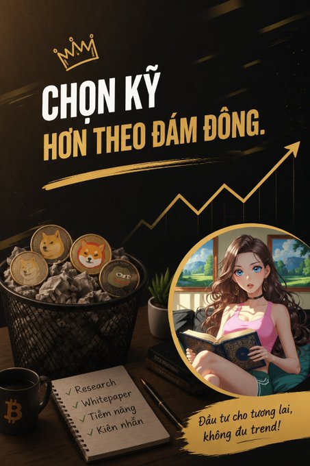 A promotional graphic with Vietnamese text 'CHỌN KỸ HƠN THEO ĐÁM ĐÔNG' (Choose more carefully than the crowd) above a trash bin filled with dog and cat memecoins, contrasted with an anime-style girl reading and a checklist emphasizing research and patience.