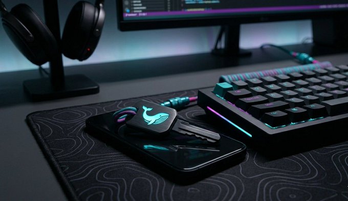 The image shows a computer setup with a keyboard, mouse, and cell phone placed on top of a black mouse pad. The cell phone has a keychain attached to it that displays a logo for "The Genesis block is imminent. For those who stress-tested the @UnitFlowFinance architecture with us—your data is recorded." The post also mentions the White Whale Key as an access point and emphasizes the importance of vigilance in the world of DeFi.