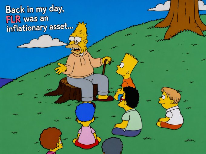 A Simpsons cartoon scene where Grampa tells children, "Back in my day, FLR was an inflationary asset..." while sitting on a tree stump.