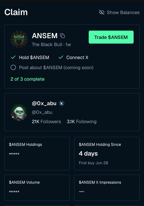 A 'Claim' page for $ANSEM token showing 'The Black Bull' requirements including holding $ANSEM and connecting X (Twitter), with @0x_abu profile and holding since 4 days from first buy on Jun 28.