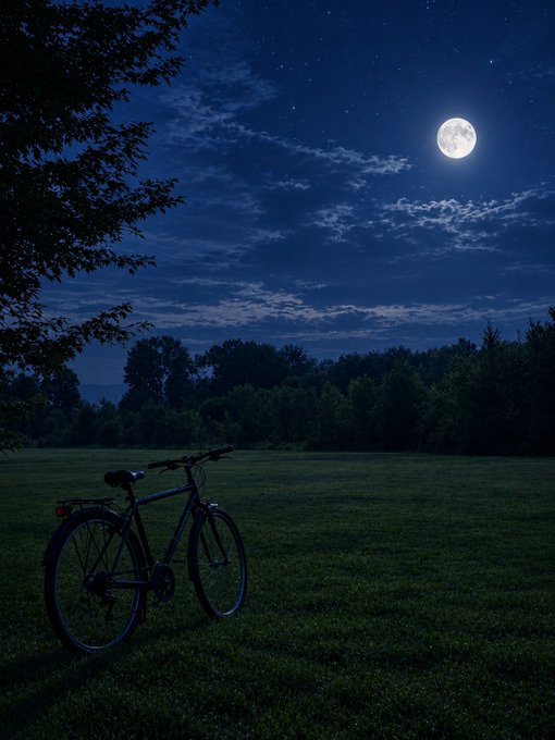 A nighttime landscape photo featuring a bicycle parked on a grassy field under a full moon and starry sky, with dark tree silhouettes in the background.