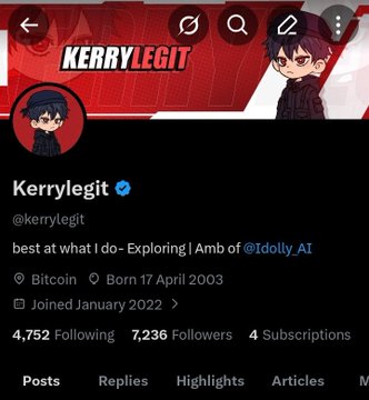 Twitter/X profile page for verified user 'Kerrylegit' (@kerrylegit) showing 7,236 followers, bio reading 'best at what I do - Exploring | Amb of @1dolly_AI'.