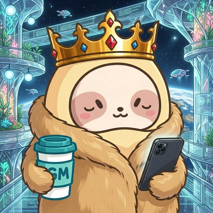 A digital illustration of a cute, furry cartoon character wearing a golden crown with jewels, holding a coffee cup and a smartphone, set against a futuristic space colony background.