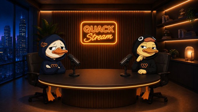 Two animated ducks in hoodies sit at a glowing podcast studio desk with microphones, beneath a neon "QUACK Stream" sign. The post reflects on lessons about focused engagement with @Wallchain, paralleled by the imagery of a deliberate, curated broadcast rather than constant noise.