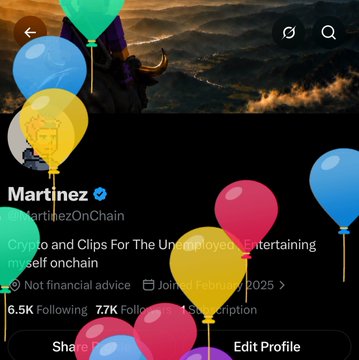 A Twitter/X profile page for 'Martinez' (@MartinezOnChain), with the bio reading 'Crypto and Clips For The Unemployed. Entertaining myself onchain', surrounded by colorful balloon graphics.