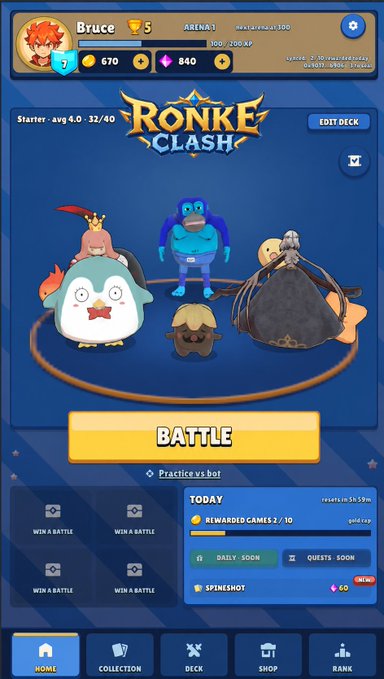 A mobile game screenshot of 'Ronke Clash' showing player 'Bruce' with 670 gold and 840 gems, featuring cartoon characters in a battle arena and a 'BATTLE' button.