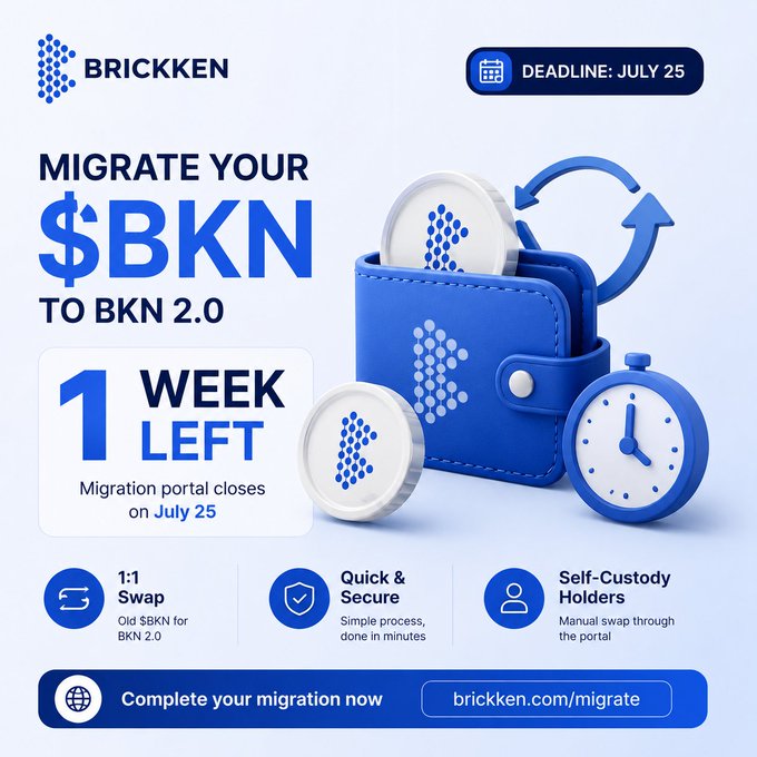 Promotional graphic for BRICKKEN urging users to 'MIGRATE YOUR $BKN TO BKN 2.0' with '1 WEEK LEFT' and a deadline of July 25, highlighting a 1:1 swap, quick and secure process, and self-custody holders.