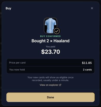A "Buy Confirmed" modal displays the purchase of two Erling Haaland cards for a total of $23.70 ($11.85 per card) on what looks like a fantasy football or NFT-based gaming platform. This aligns with the post about PlayForm FC's beta launch, where users can acquire players and earn points for free during the testing phase, with NFTs involved as part of the experience.