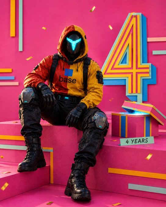 A futuristic figure in a yellow and orange hoodie with 'base' text and a neon mask sits next to a large '4' and a '4 YEARS' sign on a pink background.