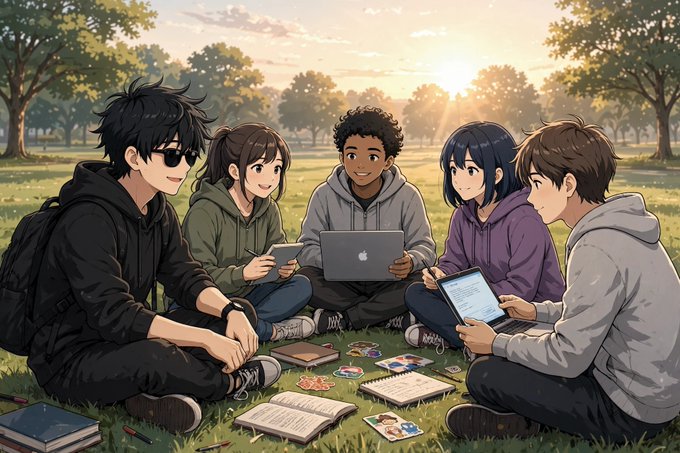 An anime-style illustration showing five young people sitting together in a grassy field at sunset, gathered around laptops and electronic devices with books scattered around them.