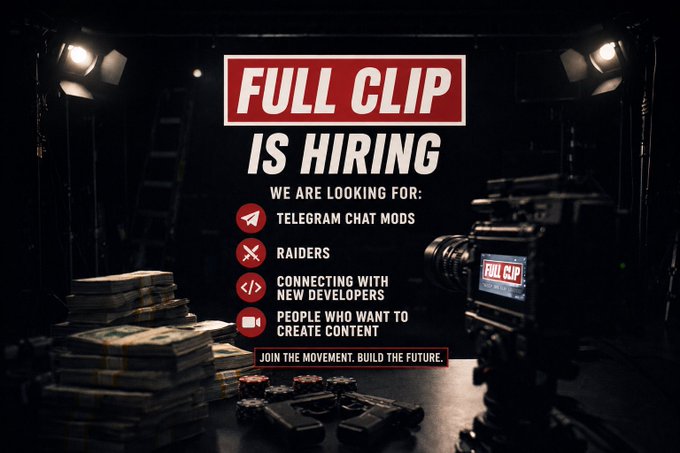 The image features a poster for a job posting, which reads "Full Clip is Hiring" with various job descriptions such as "Chat Makers", "Developers", "Content Creators", and "Web3". The poster also includes a video camera on a table in front of it, suggesting that the job may involve creating content or producing videos.