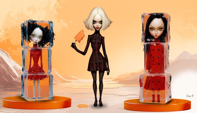 A digital illustration features a stylized blonde woman in a black and red plaid dress standing between two glass display cases containing doll-like figures in red dresses, set against an orange landscape.