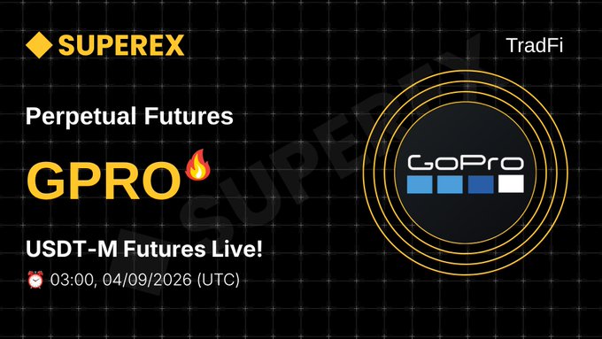A promotional graphic for 'SUPEREX' announces the listing of 'Perpetual Futures GPRO' on 'TradFi', with 'USDT-M Futures Live!' launching at '03:00, 04/09/2026 (UTC)'.