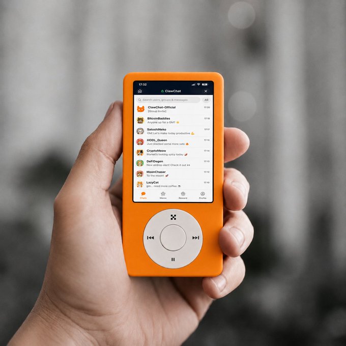 A hand holding an orange portable device resembling a music player, displaying a 'ClawChat' messaging app interface with various group chats and names.