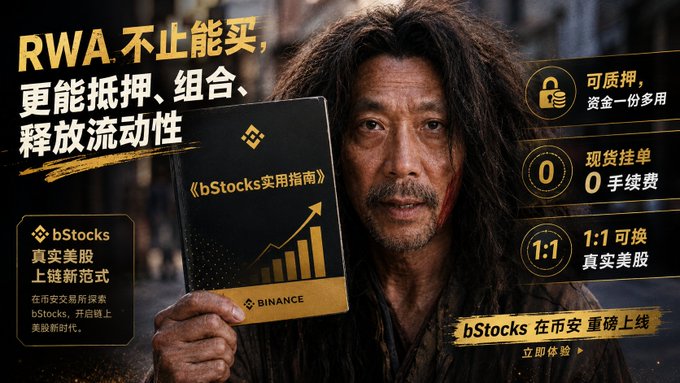A Binance "bStocks" promotional ad featuring a rugged-looking man holding a book titled "《bStocks实用指南》" (bStocks Practical Guide), with text highlighting that RWA can be used for collateral, combination, and liquidity release, offering pledging for fund reuse, 0-fee spot listings, and 1:1 exchange for real US stocks. The ad visually supports the post's message by showcasing bStocks' evolution from a simple trading asset into a versatile financial tool that can be pledged, reused, and combined without needing to sell holdings.