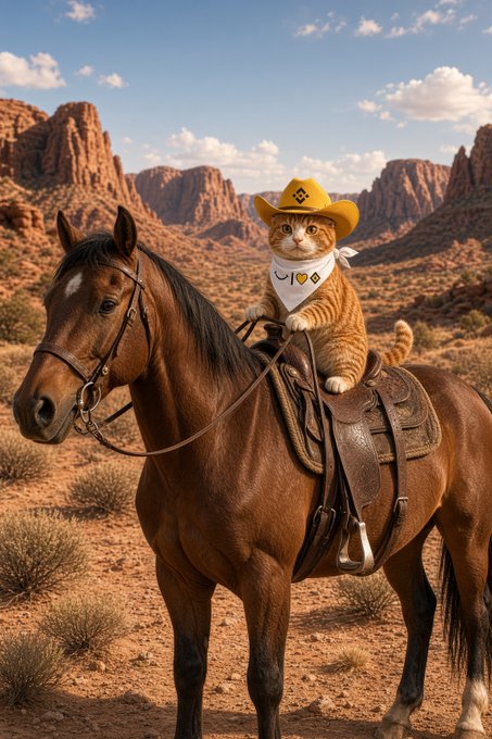 Whimsical AI-generated image of an orange tabby cat dressed as a cowboy in a yellow hat and bandana, sitting on a brown horse in a desert canyon landscape.
