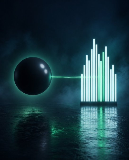 A dark, glowing black sphere emits a green laser-like beam toward a glowing bar chart composed of teal and green vertical columns of varying heights, all set against a misty, dark teal background with reflective wet flooring. No text or numbers are visible in the image. The image visually represents the post's concept of a Grok bot building a credit score (symbolized by the bar chart) autonomously through paper trading before engaging with real capital, with the sphere and beam suggesting an AI agent projecting or generating the score.