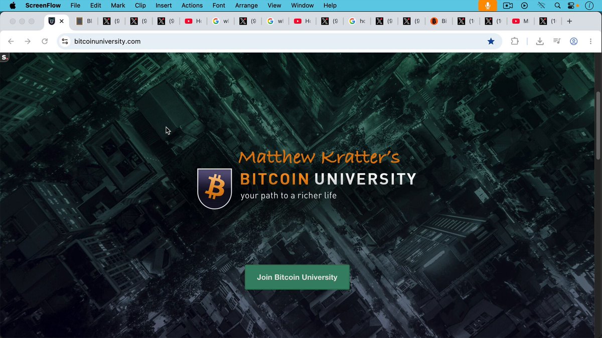 The image shows a screenshot of a computer screen displaying a website for Matthew Knott's Bitcoin University, which has a green background with black text. The website appears to be a blog or informational page about Bitcoin, possibly related to the Bitcoin Treasury Company Clowns.