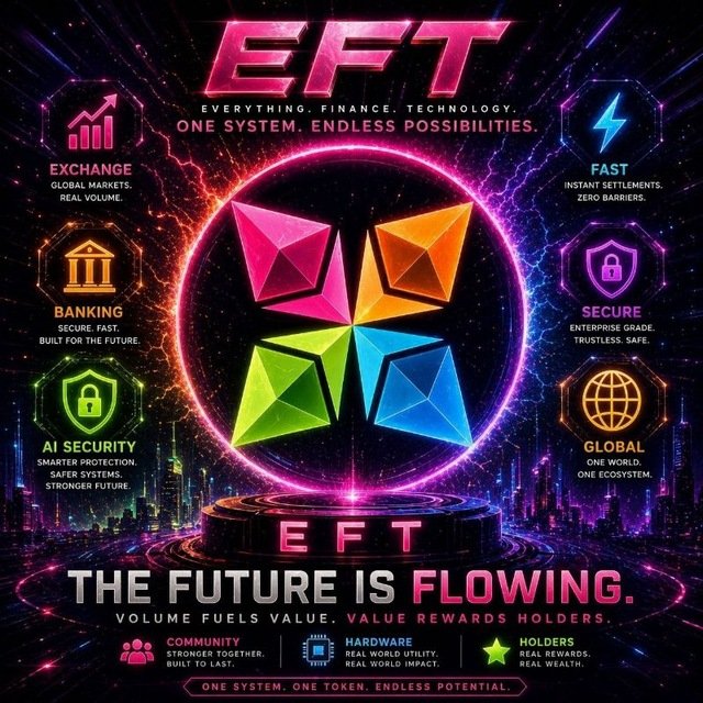 A promotional poster for 'EFT' (Everything. Finance. Technology.) cryptocurrency, displaying features like Exchange, Fast, Banking, Secure, AI Security, and Global, with the tagline 'THE FUTURE IS FLOWING.'