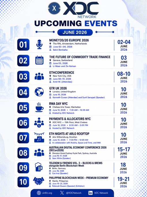 The image shows a white poster with blue text and icons for events scheduled in June 2026 at XDC Network headquarters. The poster includes various dates, time slots, and details of the upcoming engagements, including topics like fintech, trade finance, blockchain, and digital assets. Additionally, there are logos and contact information for companies participating in these events.