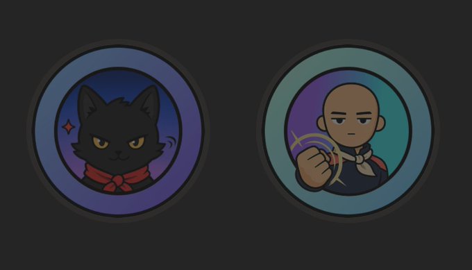 Two circular character icons against a black background: a black cat with yellow eyes wearing a red bandana on the left, and a bald monk with a glowing fist on the right.