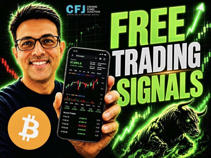 YouTube thumbnail for 'CFJ Crowdfund Junction' advertising 'FREE TRADING SIGNALS' featuring a smiling man with glasses holding a smartphone showing a BTC/USDT trading chart, alongside a Bitcoin logo and a green bull figure.