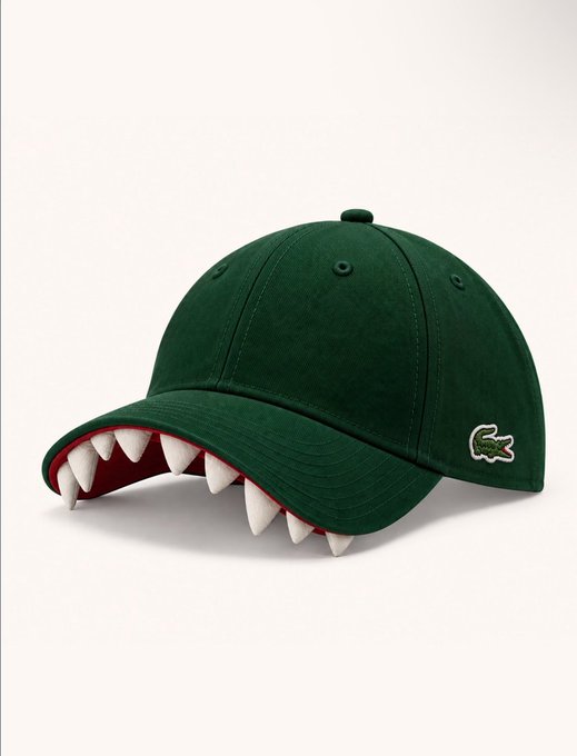 A product photo of a dark green Lacoste baseball cap with a novelty white tooth design attached to the underside of the brim.